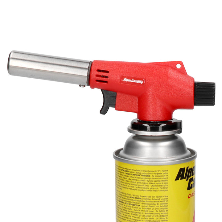 Bruciatore a cartuccia Alpen Camping, temperatura di fiamma 1350 °C, accensione piezoelettrica, controllo fiamma, VULCANO + 4 cartucce