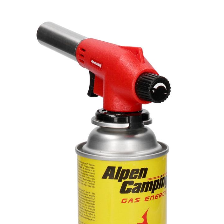 Bruciatore a cartuccia Alpen Camping, temperatura di fiamma 1350 °C, accensione piezoelettrica, controllo fiamma, VULCANO + 4 cartucce