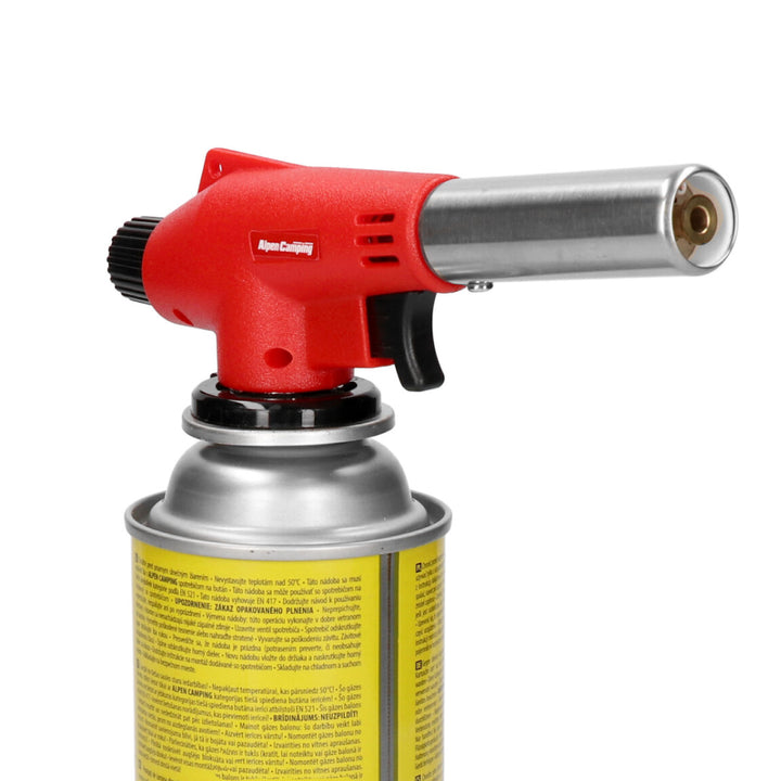 Bruciatore a cartuccia Alpen Camping, temperatura di fiamma 1350 °C, accensione piezoelettrica, controllo fiamma, VULCANO + 4 cartucce