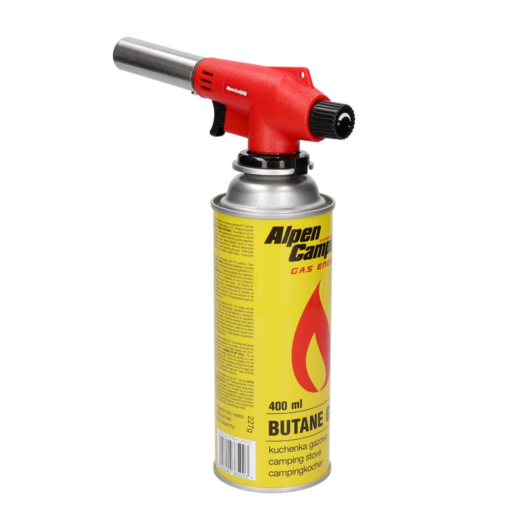 Bruciatore a cartuccia Alpen Camping, temperatura di fiamma 1350 °C, accensione piezoelettrica, controllo fiamma, VULCANO + 4 cartucce