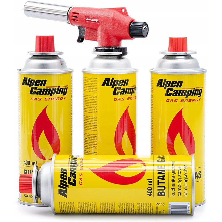 Bruciatore a cartuccia Alpen Camping, temperatura di fiamma 1350 °C, accensione piezoelettrica, controllo fiamma, VULCANO + 4 cartucce