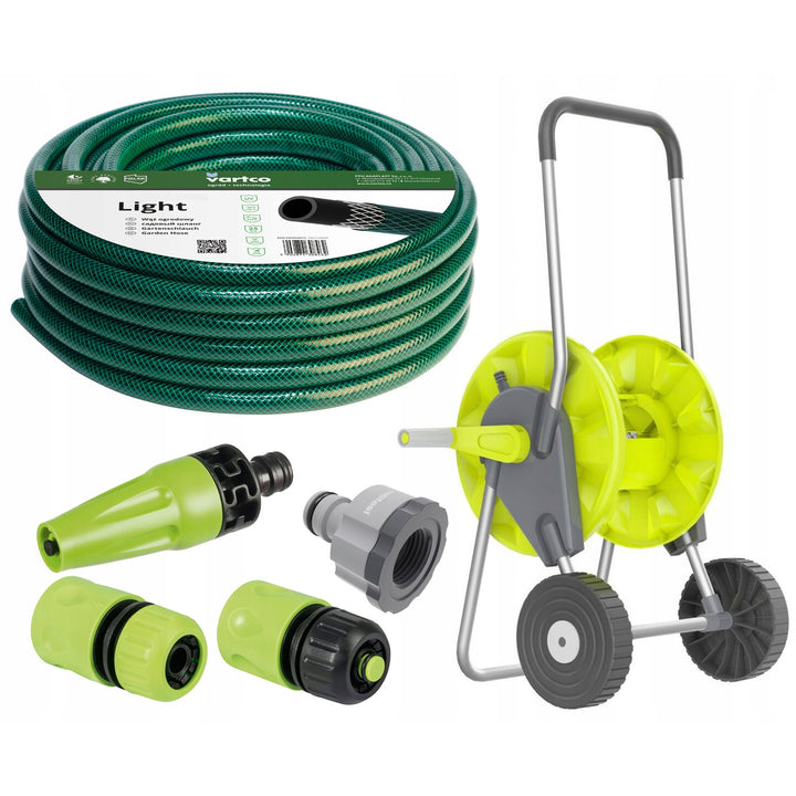 Set da giardino - 50 m di tubo da 1/2'', carrello, attacco rapido - passante e stop, irrigatore diritto, attacco filettato femmina