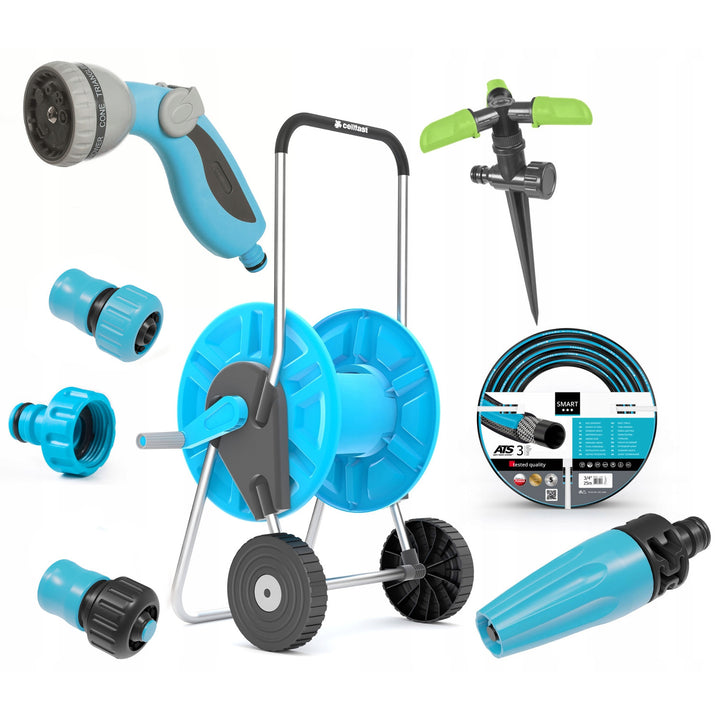 Set da giardino Cellfast, tubo Smart ATS 3/4'' 25m, carrello Aluplus 1/2'' 60m