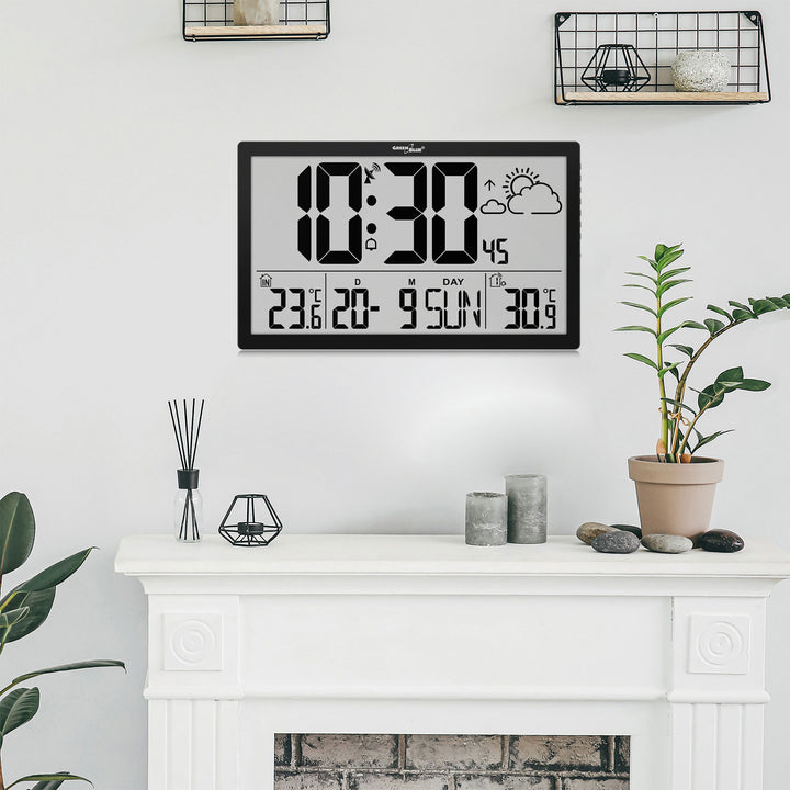 Stazione meteorologica Orologio digitale da parete con sensore esterno, orologio DCF, 37x22,5 cm Grande orologio da parete, sveglia con funzione snooze, display LCD, temperatura interna ed esterna, previsioni del tempo