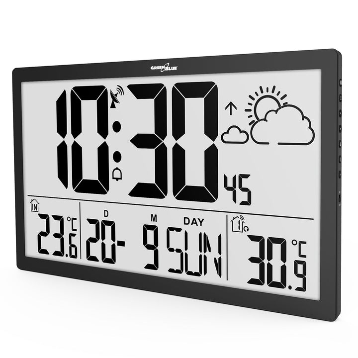Stazione meteorologica Orologio digitale da parete con sensore esterno, orologio DCF, 37x22,5 cm Grande orologio da parete, sveglia con funzione snooze, display LCD, temperatura interna ed esterna, previsioni del tempo