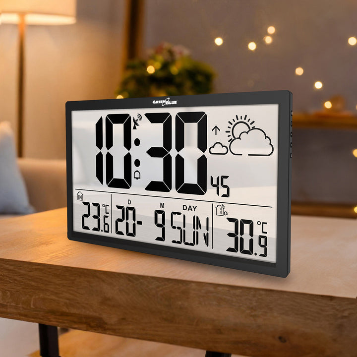 Stazione meteorologica Orologio digitale da parete con sensore esterno, orologio DCF, 37x22,5 cm Grande orologio da parete, sveglia con funzione snooze, display LCD, temperatura interna ed esterna, previsioni del tempo