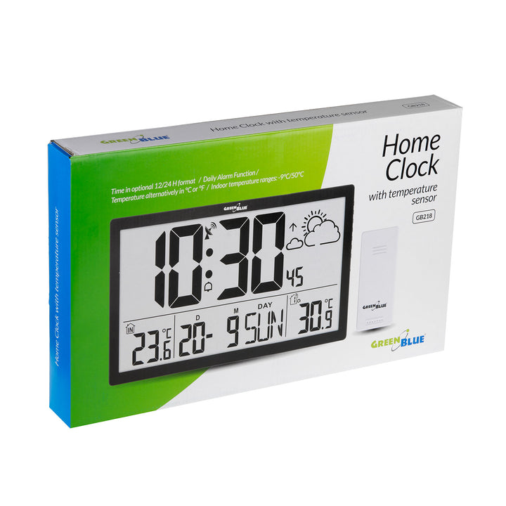Stazione meteorologica Orologio digitale da parete con sensore esterno, orologio DCF, 37x22,5 cm Grande orologio da parete, sveglia con funzione snooze, display LCD, temperatura interna ed esterna, previsioni del tempo