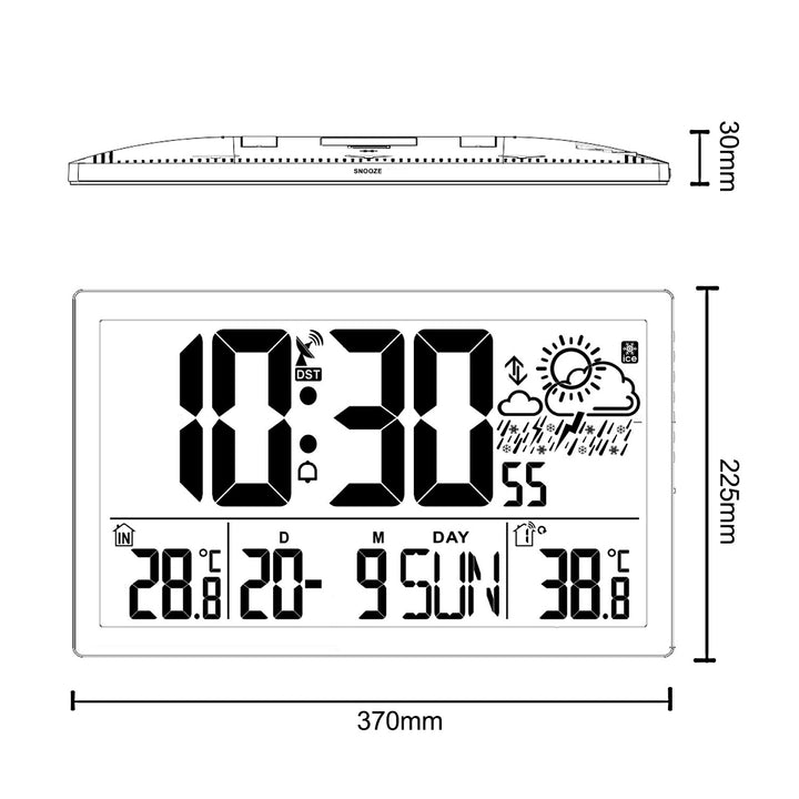 Stazione meteorologica Orologio digitale da parete con sensore esterno, orologio DCF, 37x22,5 cm Grande orologio da parete, sveglia con funzione snooze, display LCD, temperatura interna ed esterna, previsioni del tempo