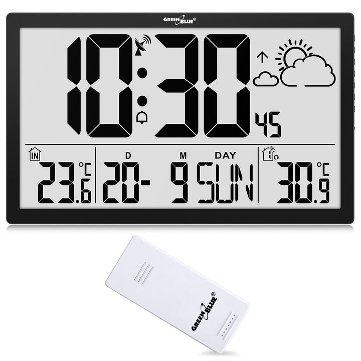 Stazione meteorologica Orologio digitale da parete con sensore esterno, orologio DCF, 37x22,5 cm Grande orologio da parete, sveglia con funzione snooze, display LCD, temperatura interna ed esterna, previsioni del tempo
