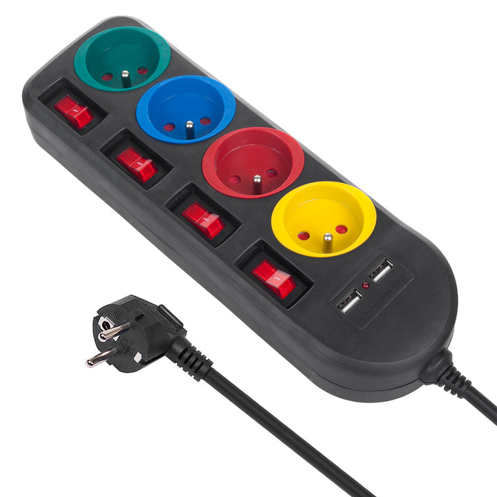 Ciabatta elettrica Maclean, cavo di prolunga a 4 prese + 2xUSB, con interruttori, 250VAC/10A, 2,1A 5V, 1,5m, bianco, MCE229B + cavo USB MCE471