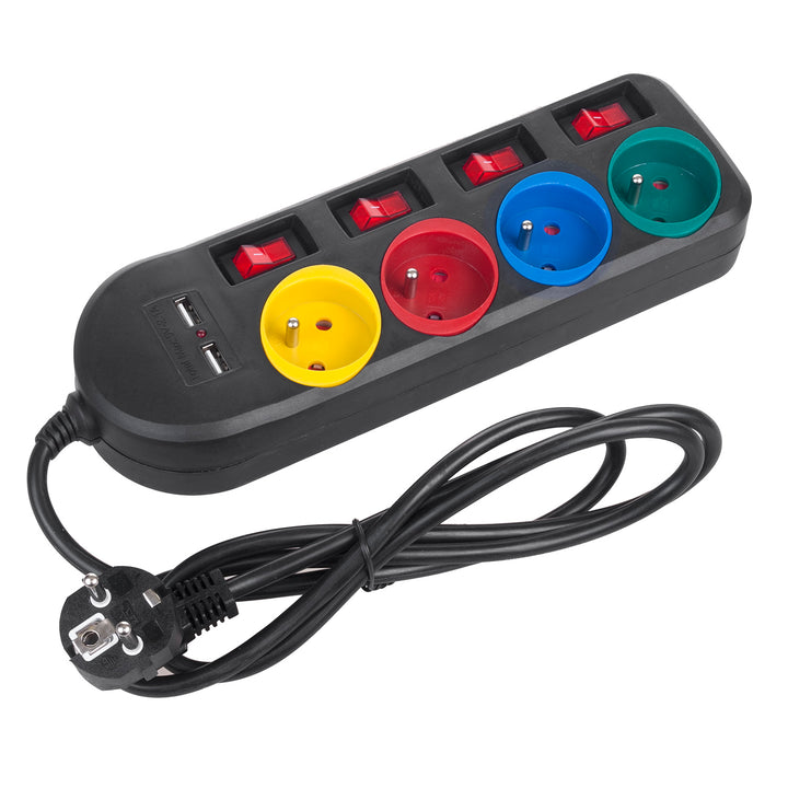 Ciabatta elettrica Maclean, cavo di prolunga a 4 prese + 2xUSB, con interruttori, 250VAC/10A, 2,1A 5V, 1,5m, bianco, MCE229B + cavo USB MCE471