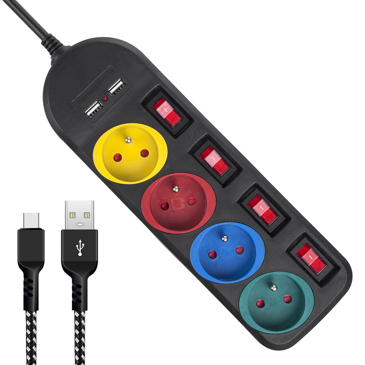 Ciabatta elettrica Maclean, cavo di prolunga a 4 prese + 2xUSB, con interruttori, 250VAC/10A, 2,1A 5V, 1,5m, bianco, MCE229B + cavo USB MCE471