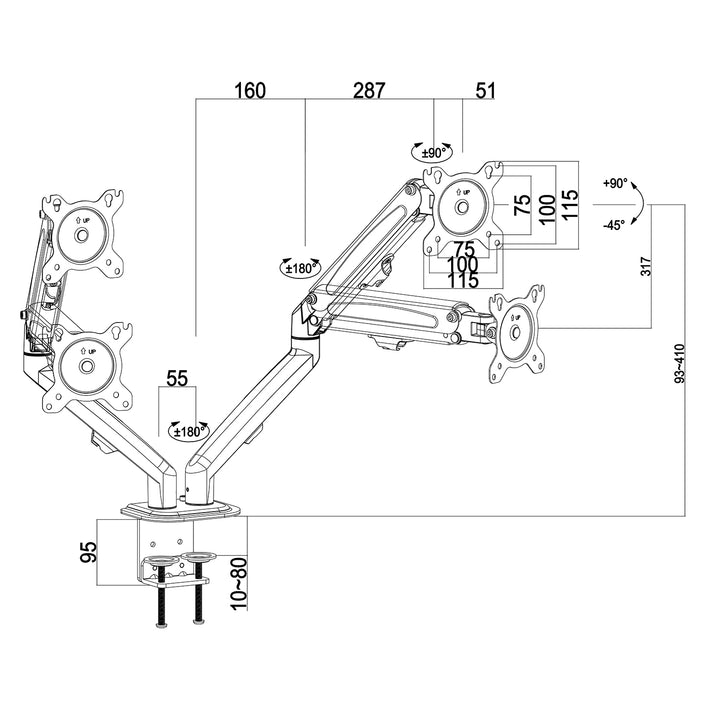 Supporto per 2 monitor Maclean, molla a gas, 13"-27", 7 kg, nero, MC-861N