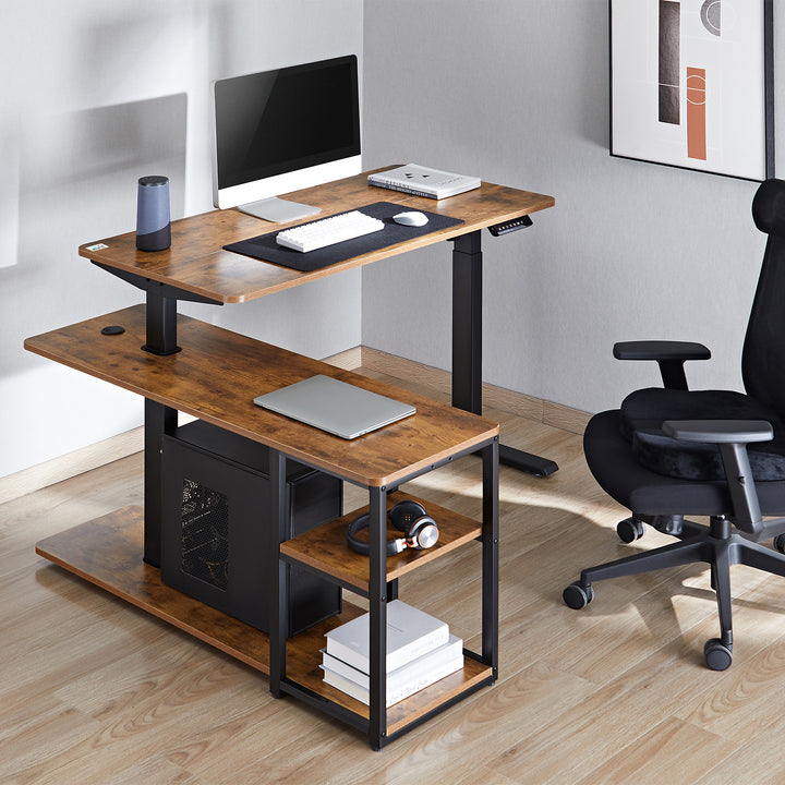 Scrivania elettrica sollevabile Ergo Office, altezza massima 121 cm, peso massimo 70 kg, con piano d'appoggio e ripiani, per stare in piedi e seduti, marrone rustico, ER-450, 2 parti