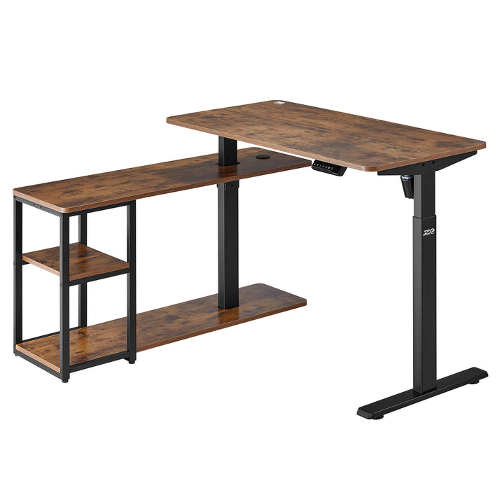 Scrivania elettrica sollevabile Ergo Office, altezza massima 121 cm, peso massimo 70 kg, con piano d'appoggio e ripiani, per stare in piedi e seduti, marrone rustico, ER-450, 2 parti