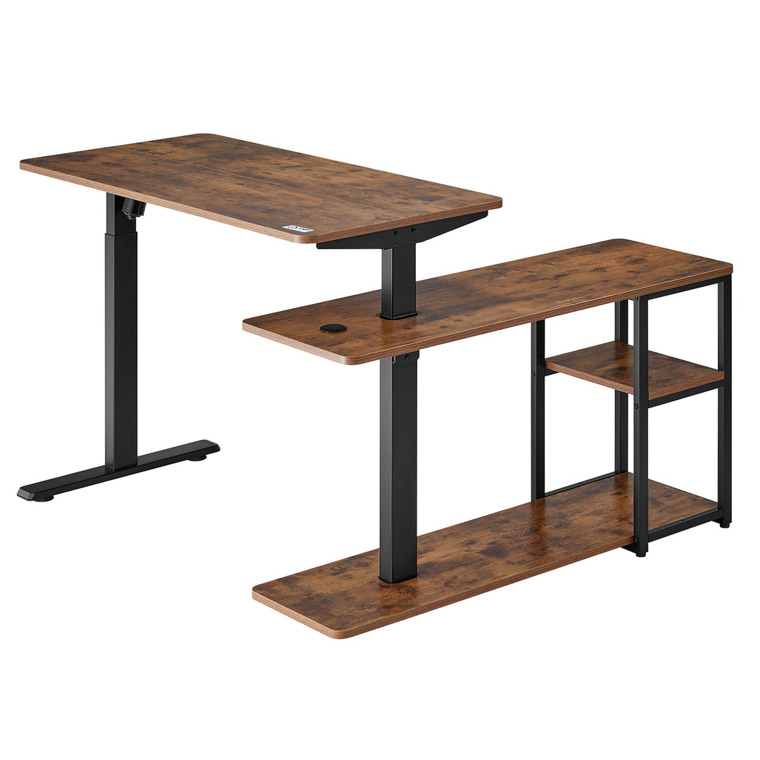 Scrivania elettrica sollevabile Ergo Office, altezza massima 121 cm, peso massimo 70 kg, con piano d'appoggio e ripiani, per stare in piedi e seduti, marrone rustico, ER-450, 2 parti