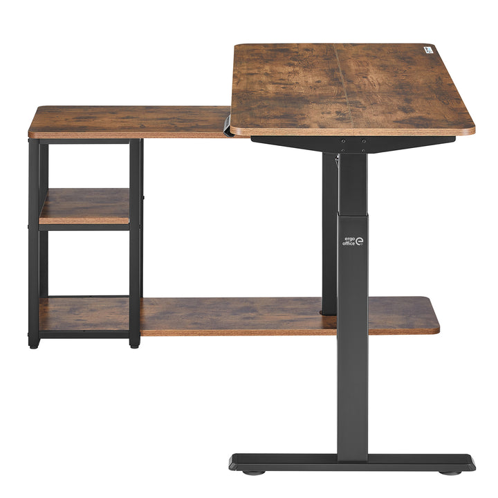 Scrivania elettrica sollevabile Ergo Office, altezza massima 121 cm, peso massimo 70 kg, con piano d'appoggio e ripiani, per stare in piedi e seduti, marrone rustico, ER-450, 2 parti