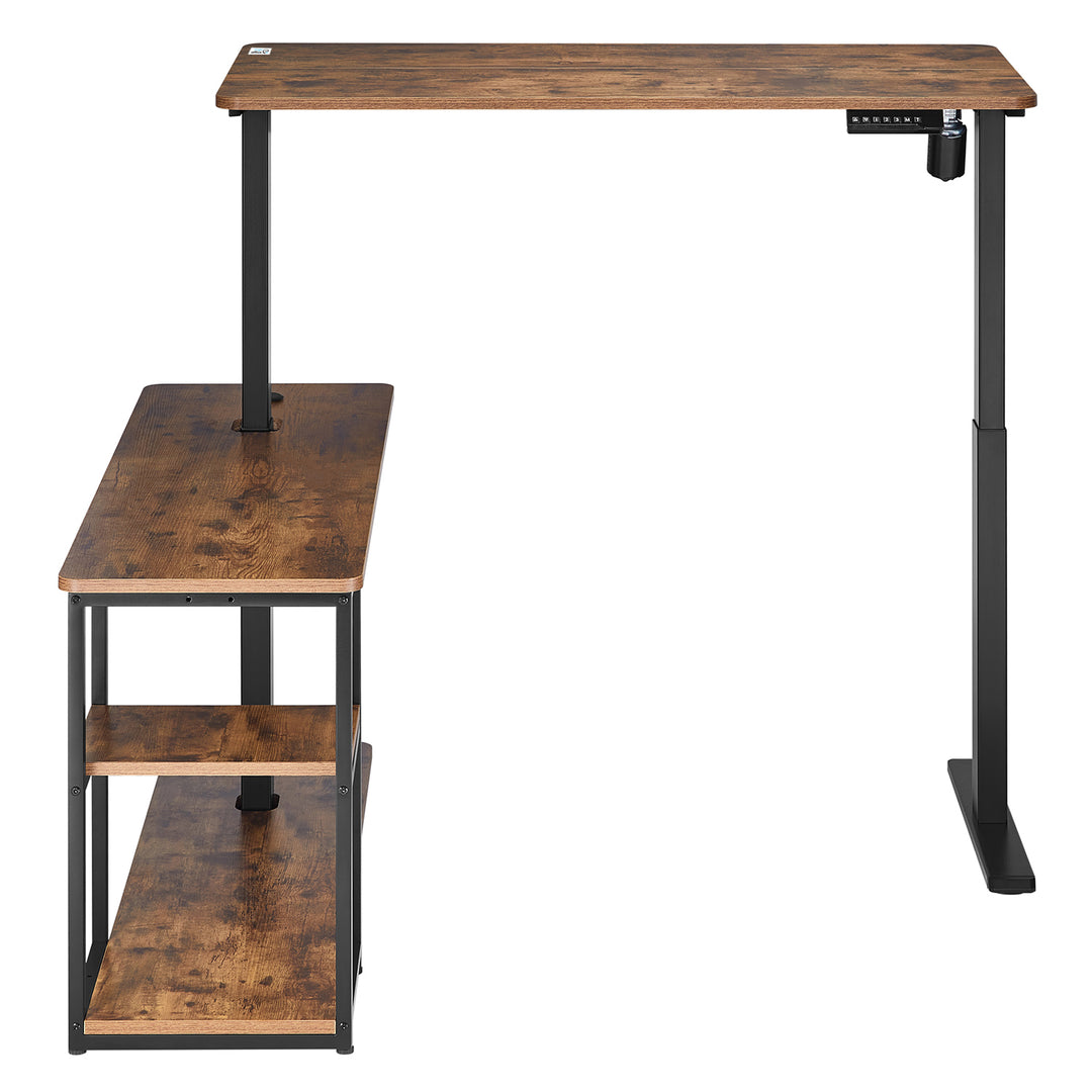Scrivania elettrica sollevabile Ergo Office, altezza massima 121 cm, peso massimo 70 kg, con piano d'appoggio e ripiani, per stare in piedi e seduti, marrone rustico, ER-450, 2 parti