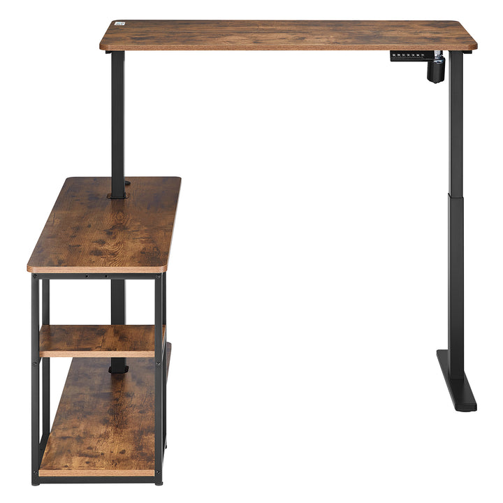Scrivania elettrica sollevabile Ergo Office, altezza massima 121 cm, peso massimo 70 kg, con piano d'appoggio e ripiani, per stare in piedi e seduti, marrone rustico, ER-450, 2 parti