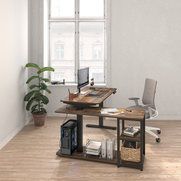 Scrivania elettrica sollevabile Ergo Office, altezza massima 121 cm, peso massimo 70 kg, con piano d'appoggio e ripiani, per stare in piedi e seduti, marrone rustico, ER-450, 2 parti