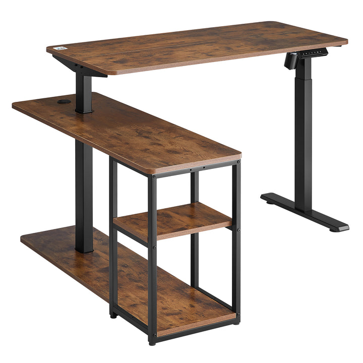 Scrivania elettrica sollevabile Ergo Office, altezza massima 121 cm, peso massimo 70 kg, con piano d'appoggio e ripiani, per stare in piedi e seduti, marrone rustico, ER-450, 2 parti