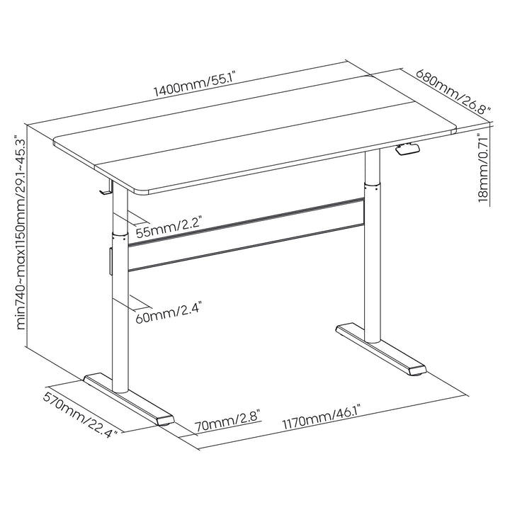 Scrivania con piano 140x68cm Ergo Office, molla a gas, regolabile in altezza, per lavorare in piedi e seduti, altezza massima 115cm, ER-453