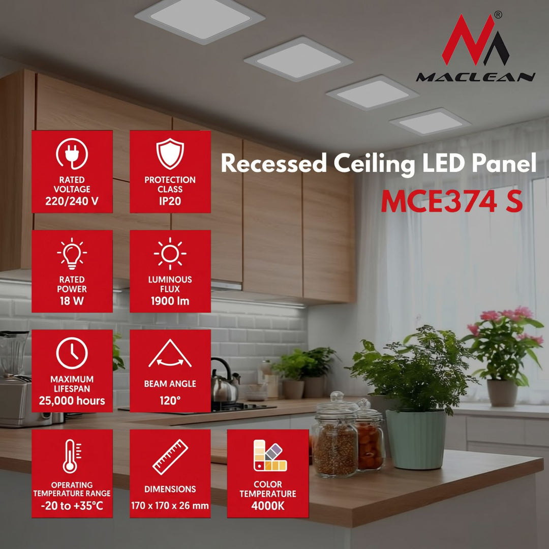 Pannello da soffitto Maclean LED, montaggio ad incasso SLIM, 18W, bianco neutro 4000K, 170*170*26mm, 1900lm, MCE374 S