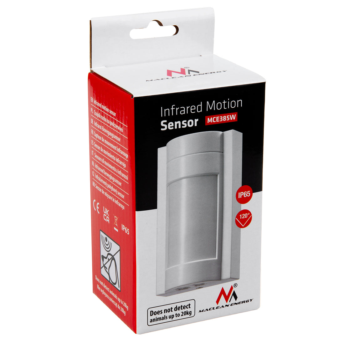 Maclean MCE385 Rilevatore di movimento PIR con portata fino a 12 m per uso esterno, a infrarossi, non rileva animali sotto i 20 kg, sensore crepuscolare, fino a 1200 W, IP65 Bianco
