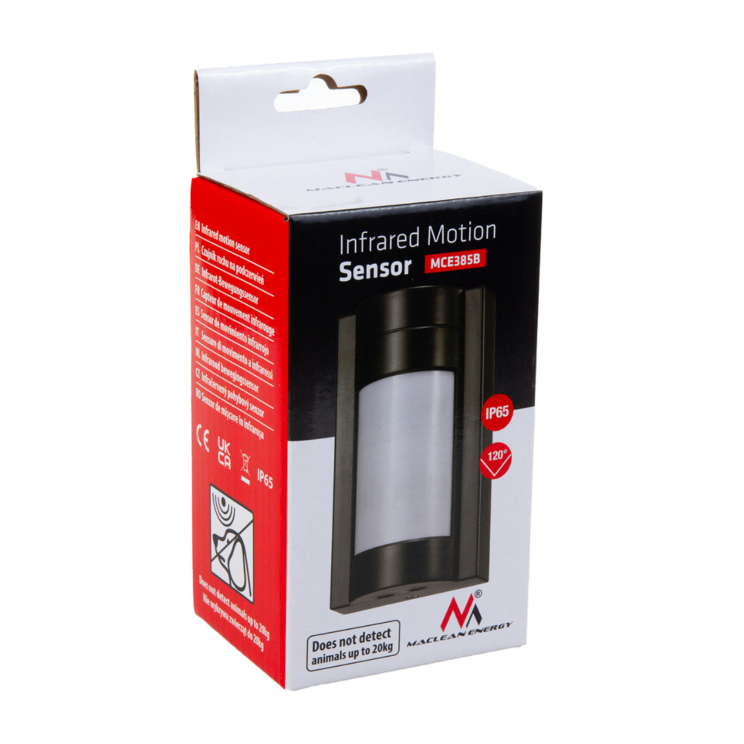 Maclean MCE385 Rilevatore di movimento PIR con portata fino a 12 m per uso esterno, a infrarossi, non rileva animali sotto i 20 kg, sensore crepuscolare, fino a 1200 W, IP65 nero