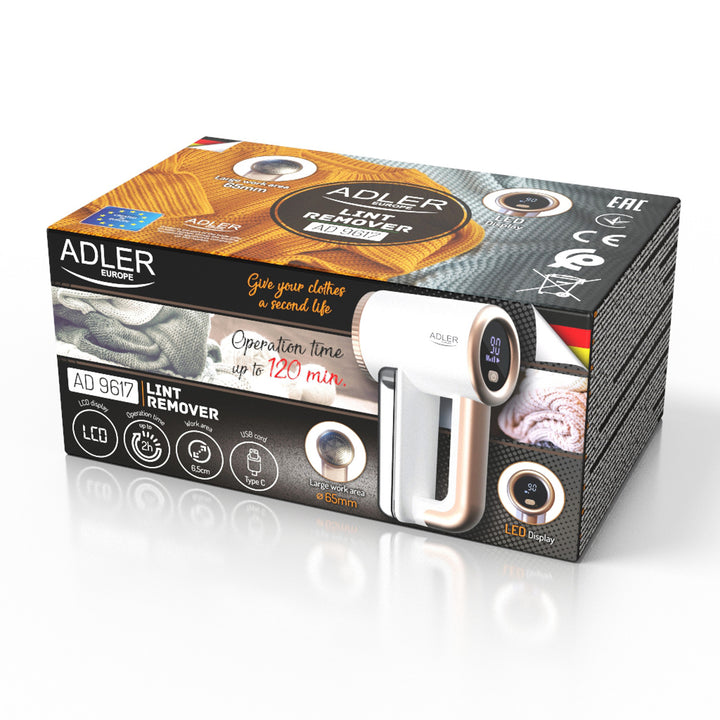 Rasoio per tessuti Adler, ricarica USB, display LCD, velocità a 3 livelli, spazzola, AD 9617