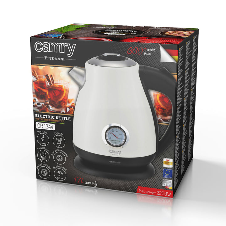 Bollitore elettrico Camry, senza fili, con termometro, 1,7L, 2200W, CR 1344