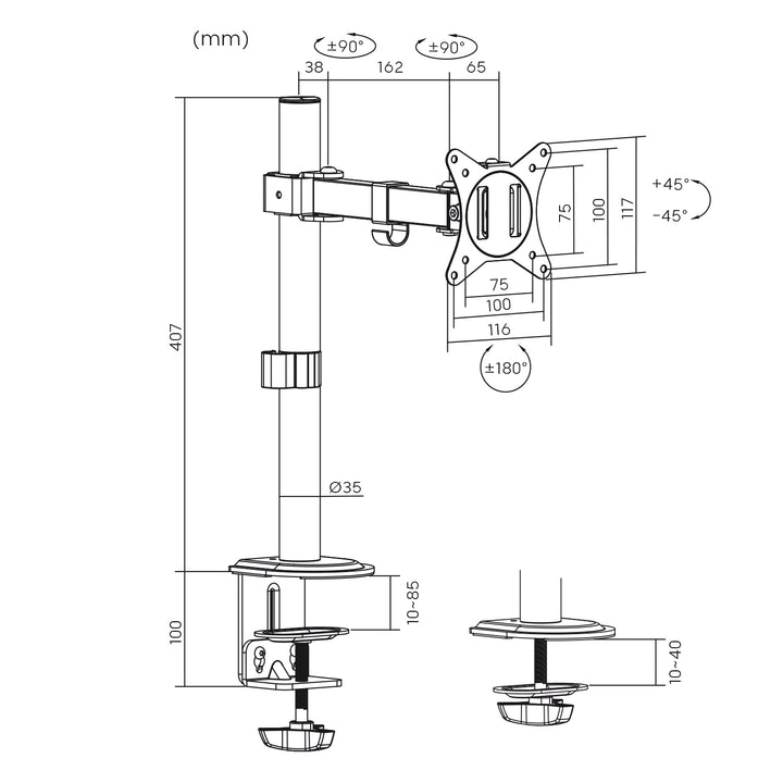 Maclean MC-572N Supporto da tavolo per monitor LCD, braccio singolo, VESA 75x75 e 100x100, 17-32", 9 kg,
