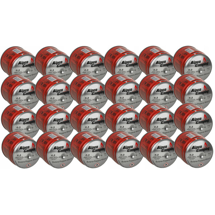 24x cartuccia di gas Alpen Camping 400ml. Certificato: Pi 0437, conforme a EN417, propano-butano, range da -10°c a + 40°c, sistema GAS STOP IK006