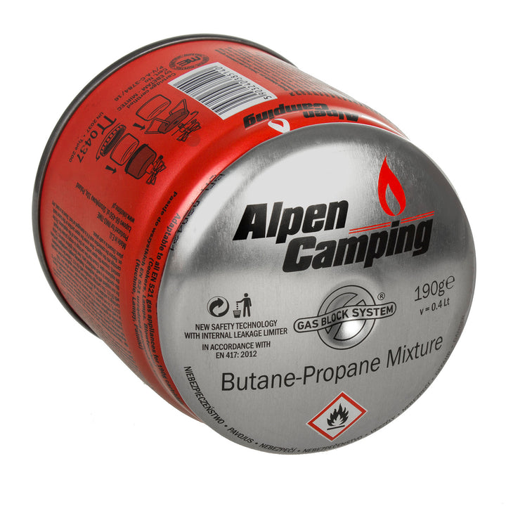 12x cartuccia di gas Alpen Camping 400ml. Certificato: Pi 0437, conforme a EN417, propano-butano, range da -10°c a + 40°c, sistema GAS STOP IK006