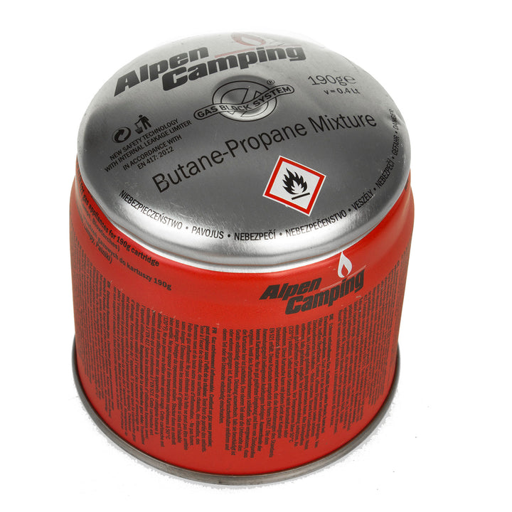 12x cartuccia di gas Alpen Camping 400ml. Certificato: Pi 0437, conforme a EN417, propano-butano, range da -10°c a + 40°c, sistema GAS STOP IK006
