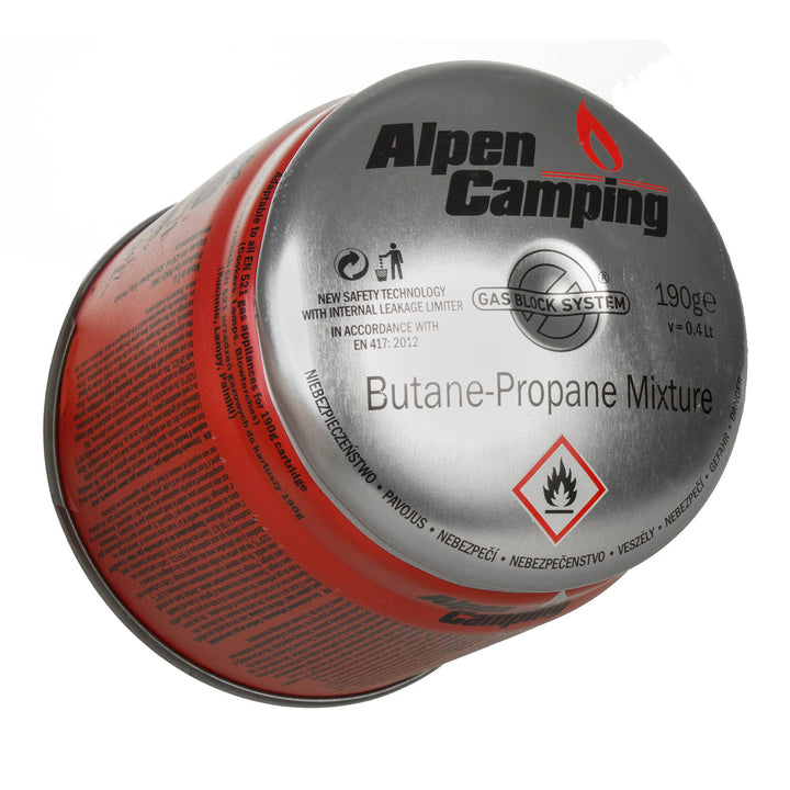 12x cartuccia di gas Alpen Camping 400ml. Certificato: Pi 0437, conforme a EN417, propano-butano, range da -10°c a + 40°c, sistema GAS STOP IK006
