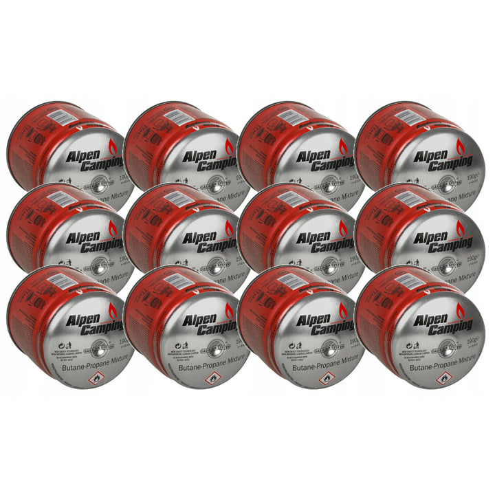 12x cartuccia di gas Alpen Camping 400ml. Certificato: Pi 0437, conforme a EN417, propano-butano, range da -10°c a + 40°c, sistema GAS STOP IK006
