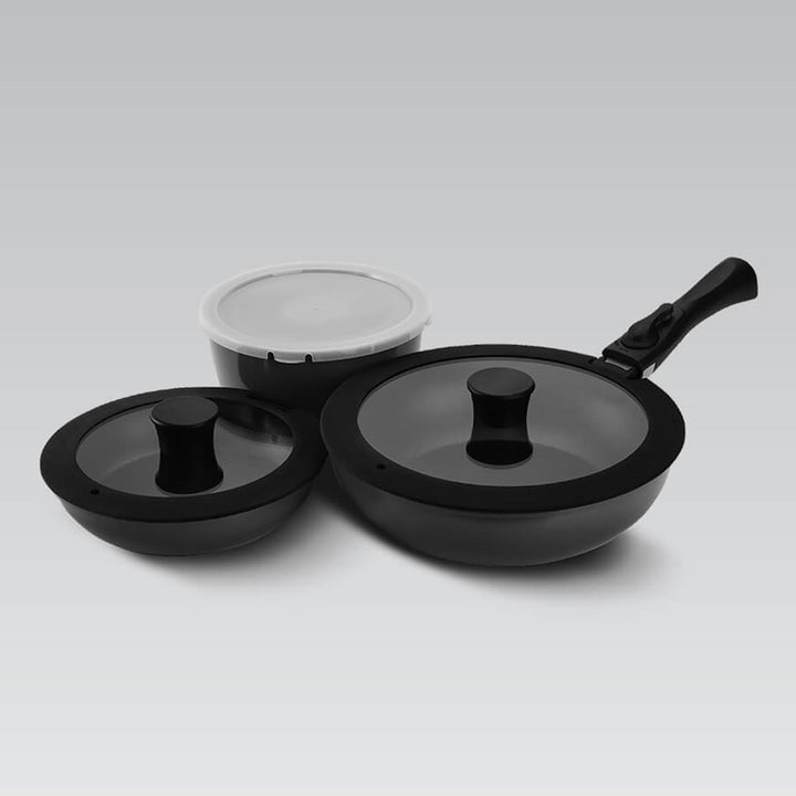 Set di 7 pezzi. 3 Padelle Maestro, rivestimento antiaderente, manico rimovibile, MR-4800-7