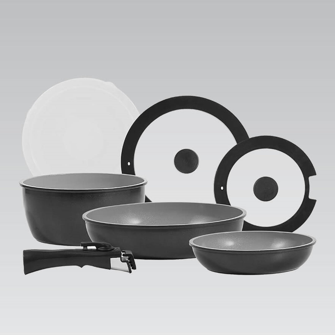 Set di 7 pezzi. 3 Padelle Maestro, rivestimento antiaderente, manico rimovibile, MR-4800-7