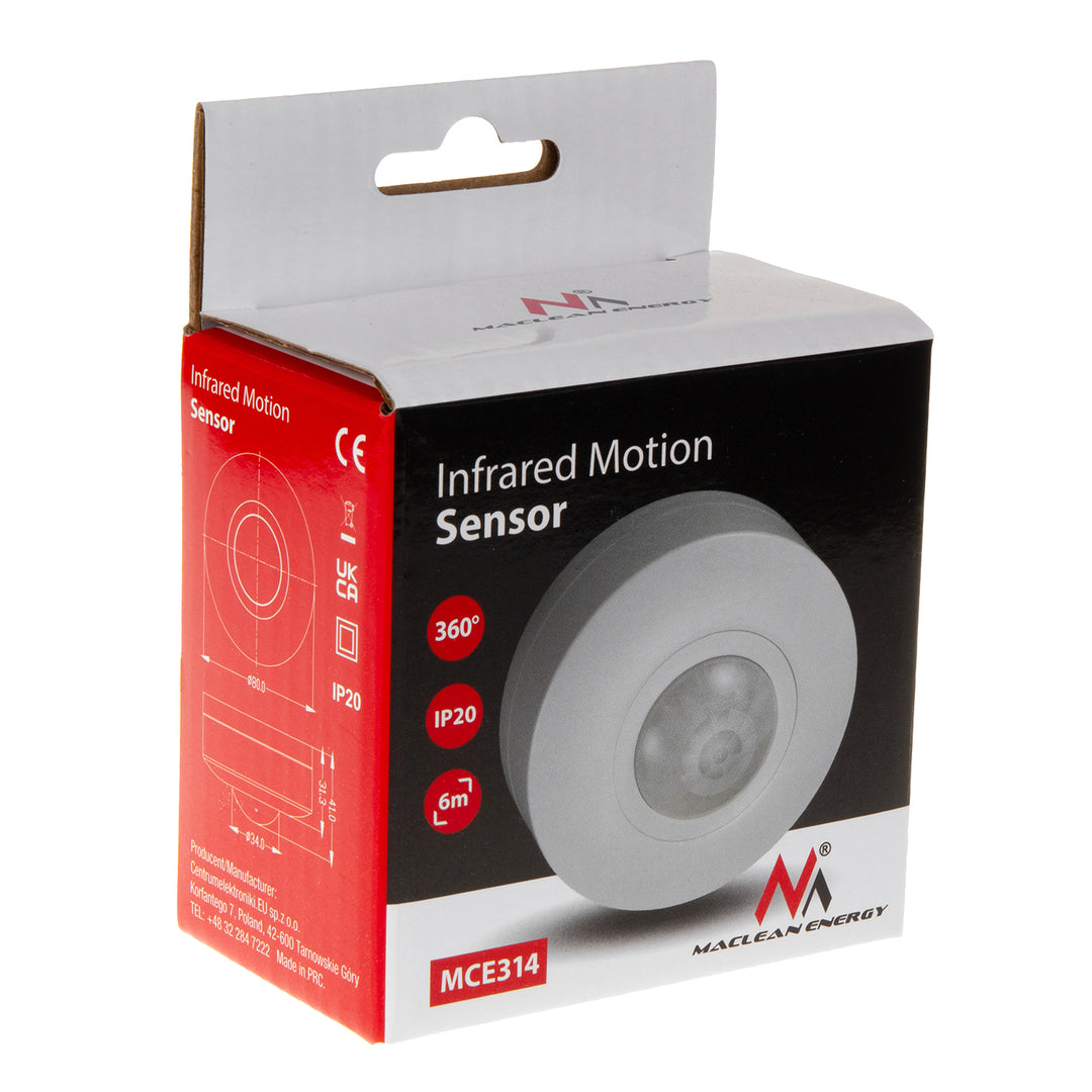 Rilevatore di movimento PIR Maclean, portata 6 m, soffitto, carico massimo 1200 W, IP20, MCE314 W