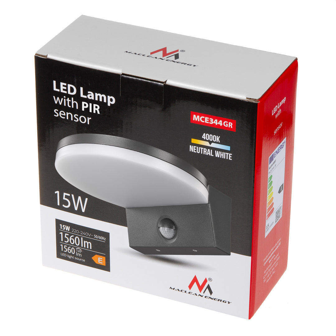 Lampada LED Maclean con sensore creouscolare, sensore di movimento PIR, nero, 15W, IP65, 1560lm, bianco neutro (4000K)  MCE344 GR