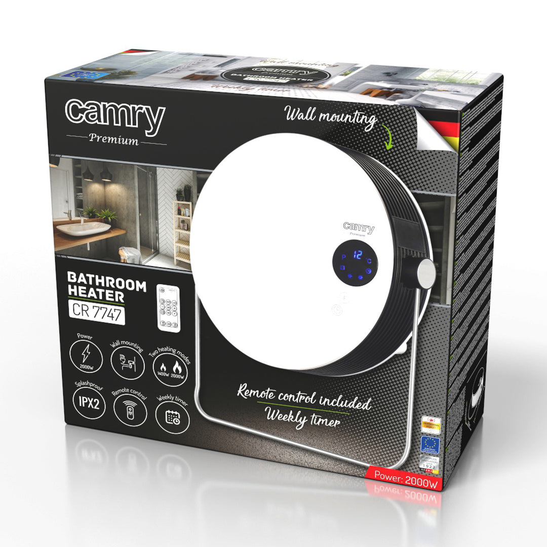Riscaldatore da bagno Camry, potenza 2000W, 2 livelli di riscaldamento, display LCD, telecomando, CR 7747