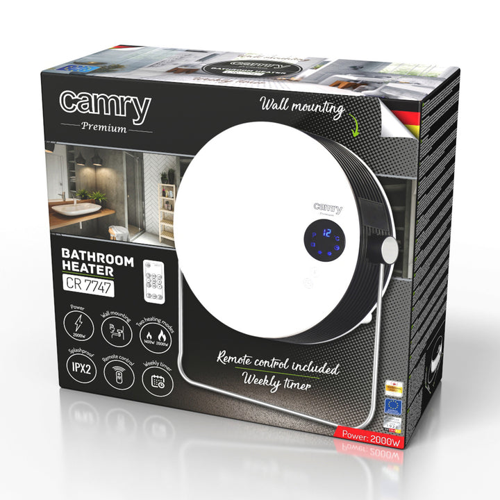 Riscaldatore da bagno Camry, potenza 2000W, 2 livelli di riscaldamento, display LCD, telecomando, CR 7747