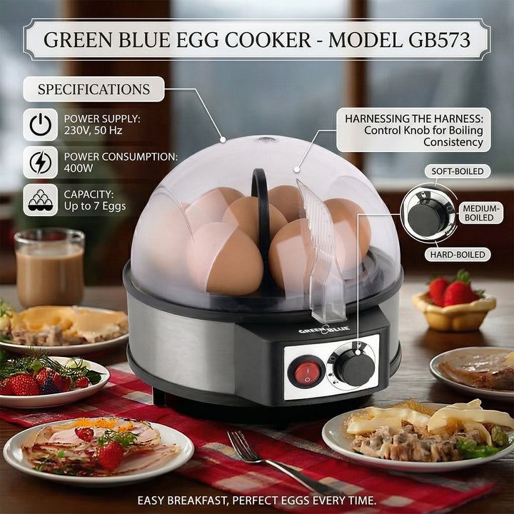 Cuociuova automatico GreenBlue, potenza 400W, fino a 7 uova, misurino, 220-240V~, 50 Hz, GB573, 3 Livelli di Regolazione