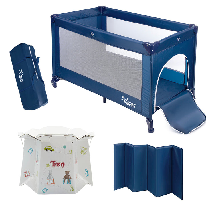 Lettino da viaggio Promedix, 125x65x74cm, blu, rotelle, protezione, PR-803 B