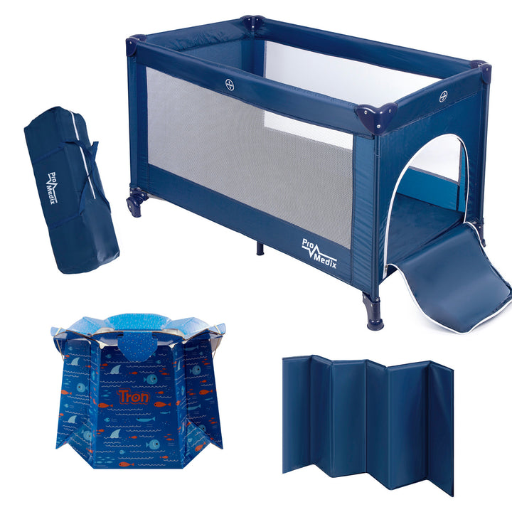 Lettino da viaggio Promedix, 125x65x74cm, blu, rotelle, copertura protettiva, PR-803B + Vasino usa e getta Tron fish 10pz