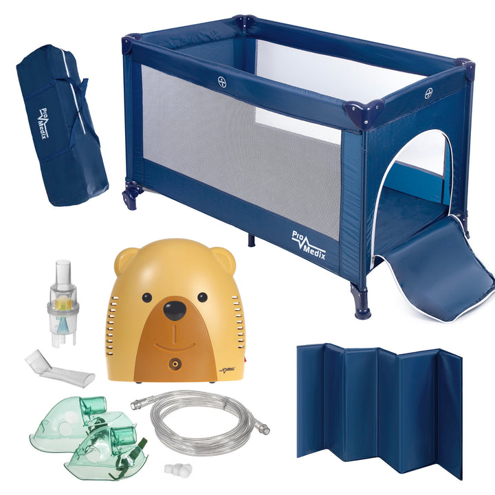 Lettino da viaggio Promedix, 125x65x74cm, blu, rotelle, copertura protettiva, PR-803B + inalatore Baby bear PR-811