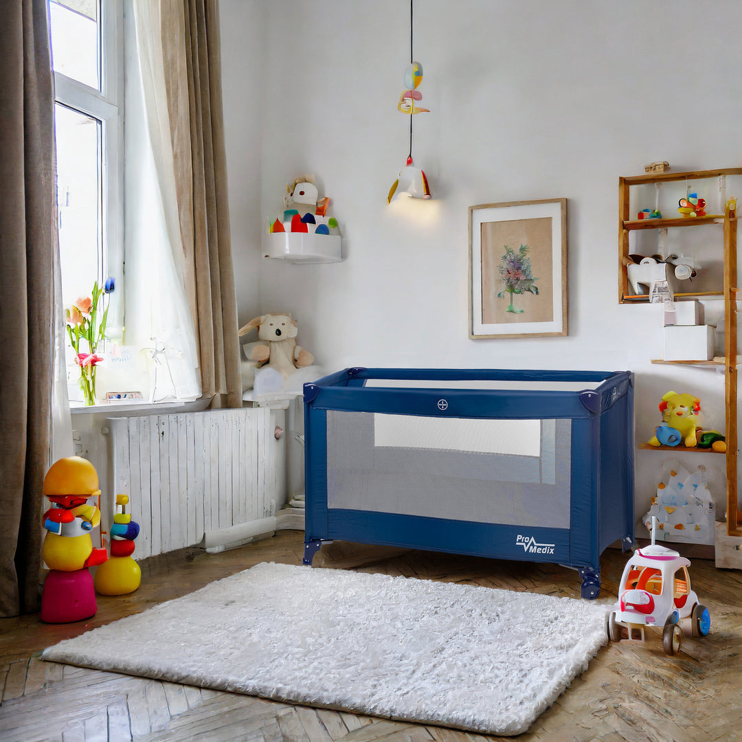 Lettino da viaggio Promedix, 125x65x74cm, blu, rotelle, copertura protettiva, PR-803B + Serratura porta scorrevole 2 pezzi GB116