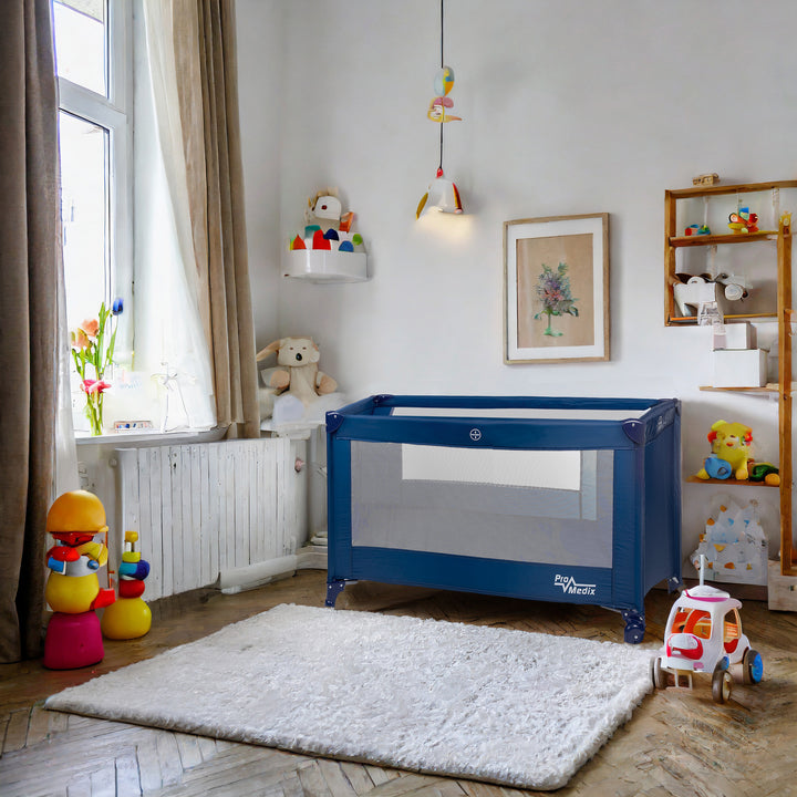 Lettino da viaggio Promedix, 125x65x74cm, blu, rotelle, copertura protettiva, PR-803B + Serratura porta scorrevole 2 pezzi GB116