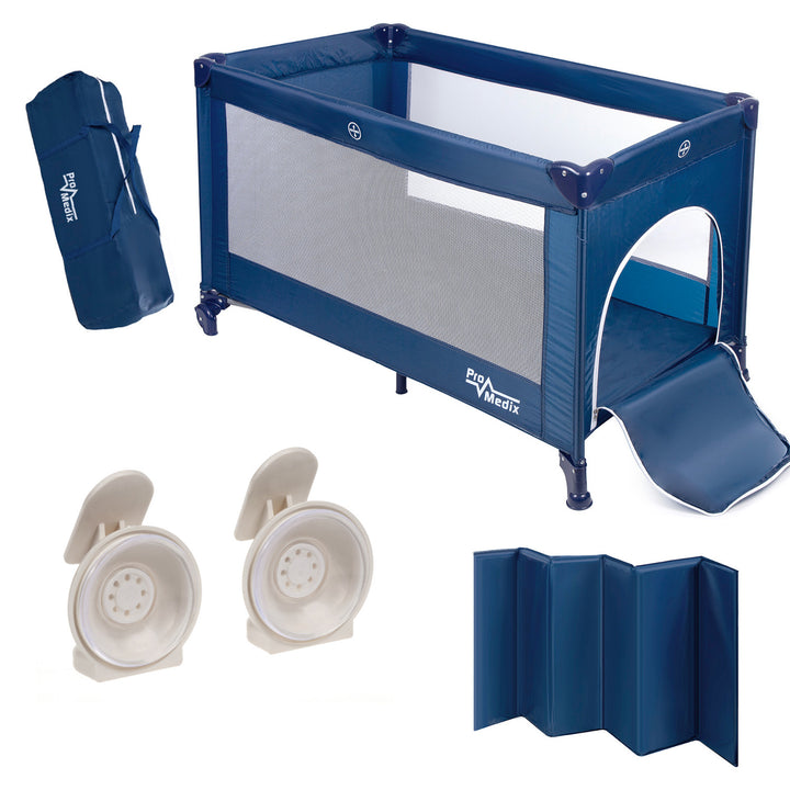 Lettino da viaggio Promedix, 125x65x74cm, blu, rotelle, copertura protettiva, PR-803B + Serratura porta scorrevole 2 pezzi GB116